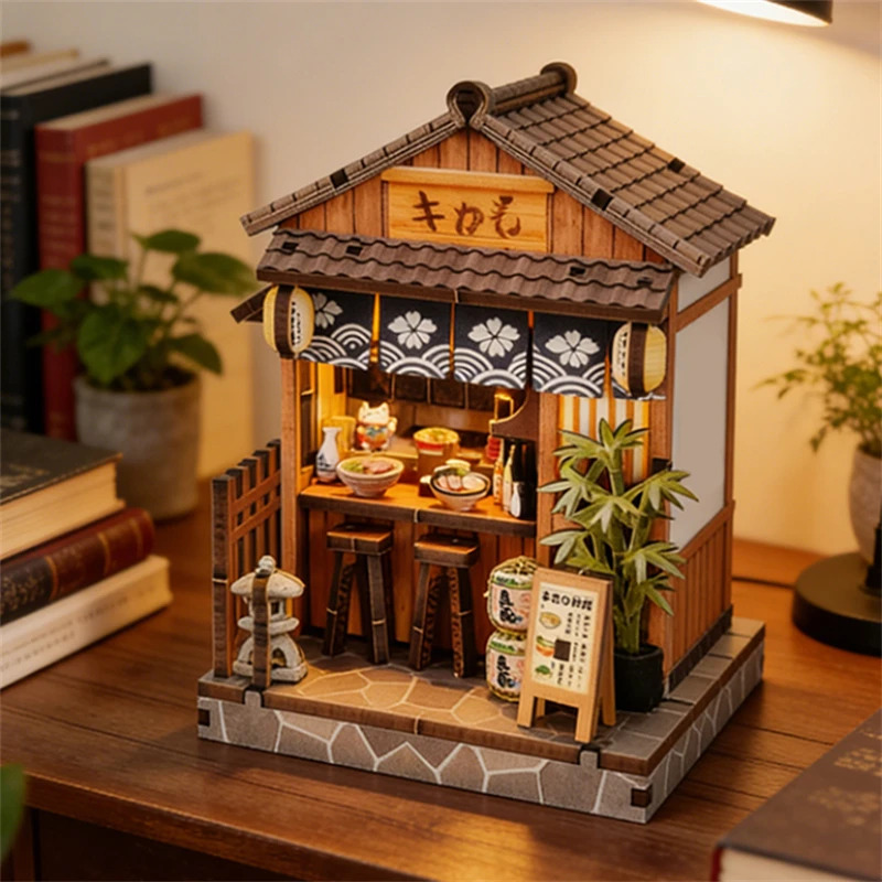 Japanese Lighting Decor - Mini Casa de Madeira DIY, Miniaturas