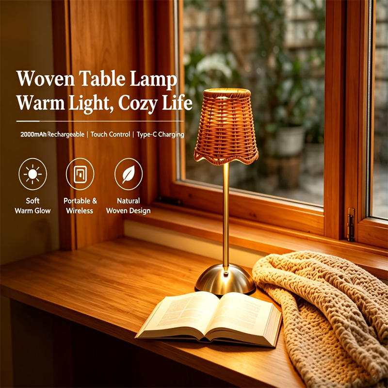 Room Decor Lighting Lamp - Luminária de Mesa Artística em Rattan